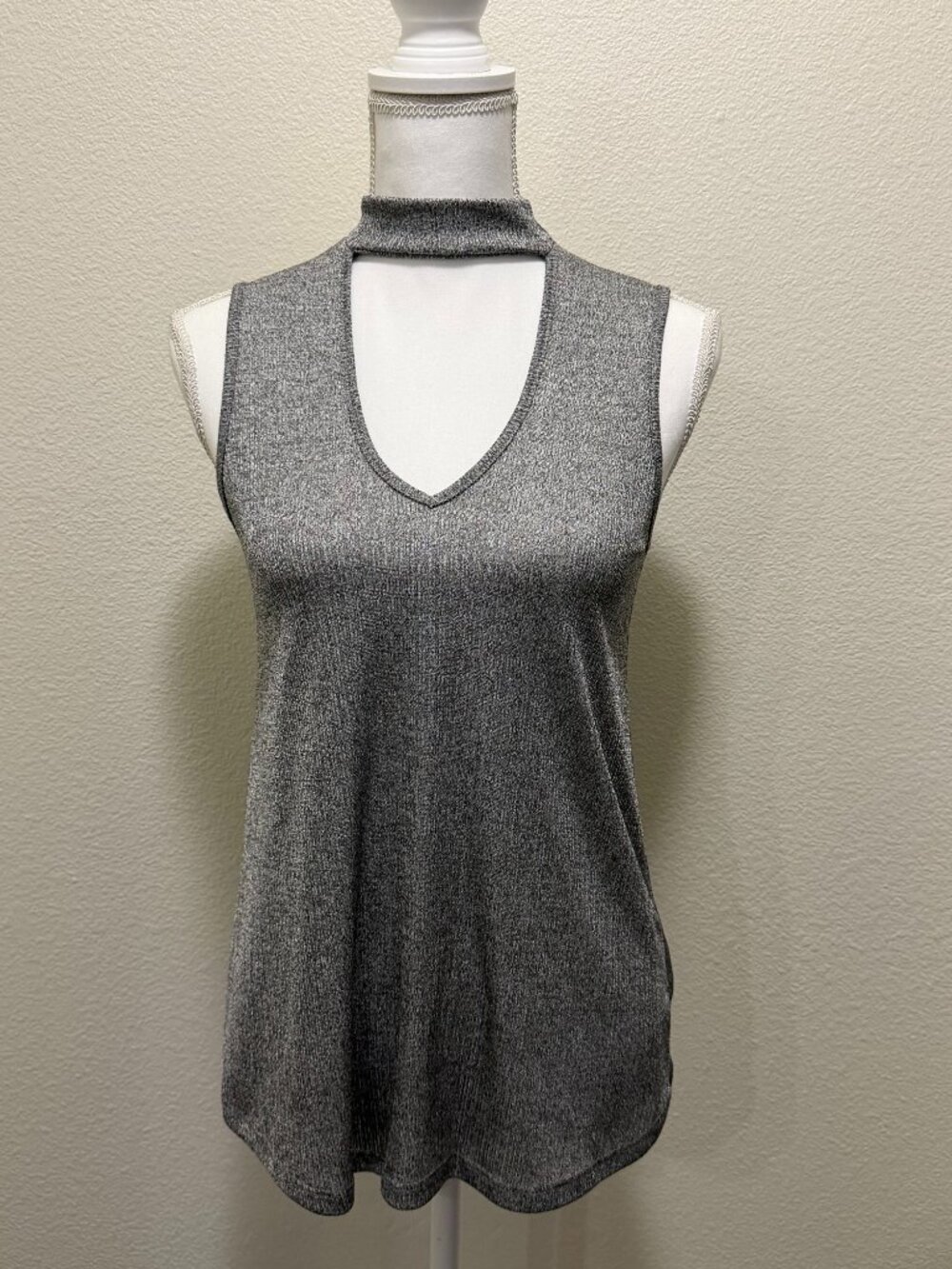 Bar III gray shimmer sleeveless top, choker neck, front and back V cutout S